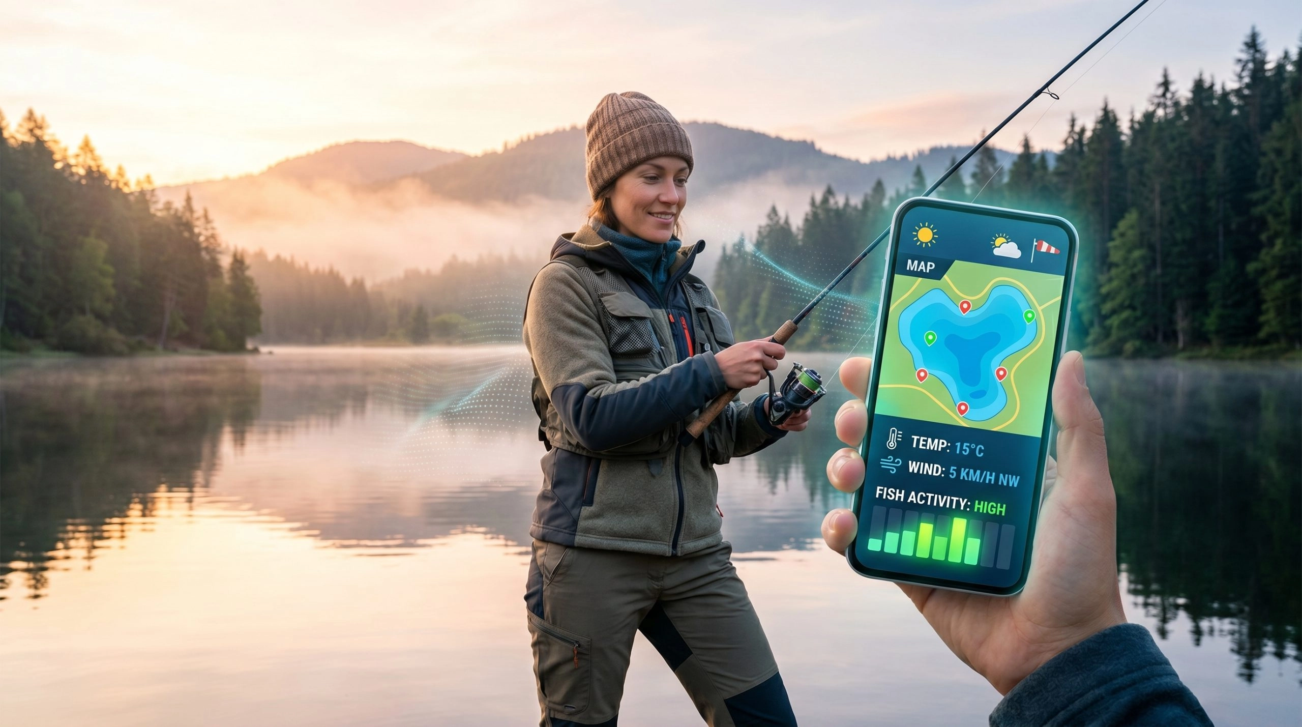 Aplicación de pesca con mapa para encontrar zonas cercanas