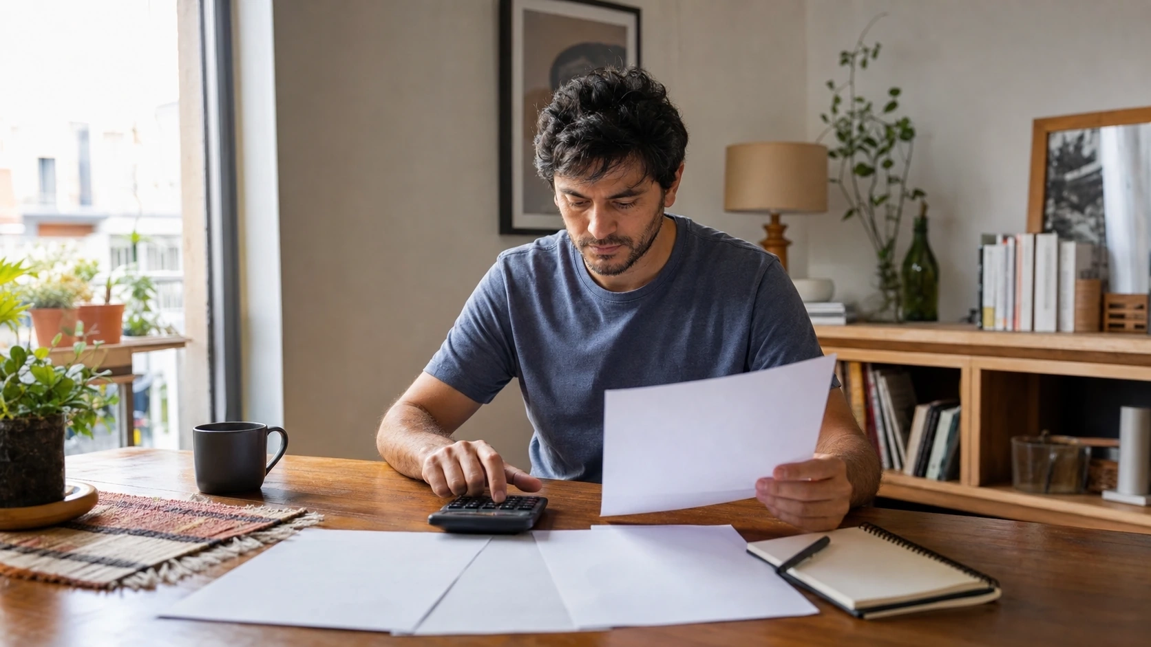Persona evaluando distintas opciones de préstamo con documentos y calculadora
